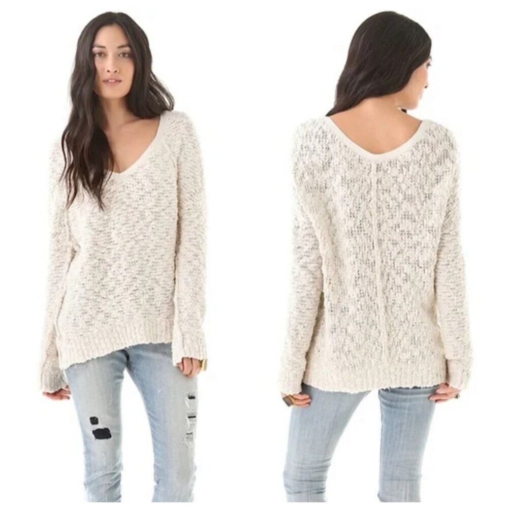 Free People Women XS Songbird Long Chunky Sweater Ivory V Neck Raglan Sleeve - Picture 1 of 8